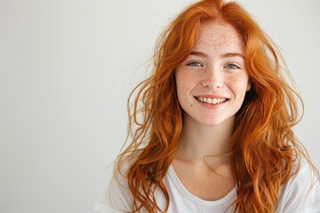 Fototapeta premium Smiling redhead girl. White t-shirt on white background.