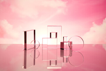 Abstract surreal scene - empty stage with three clear glass