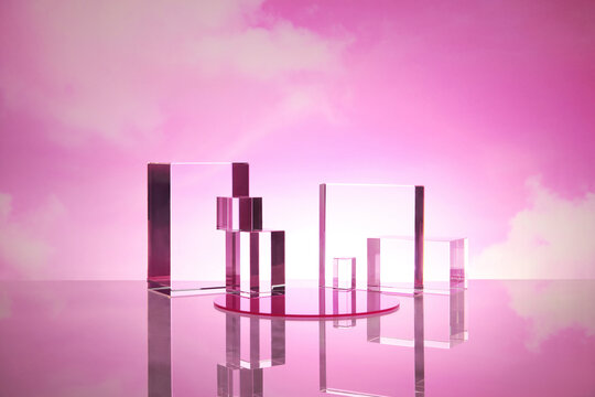 abstract minimal scene with glass geometric platform.