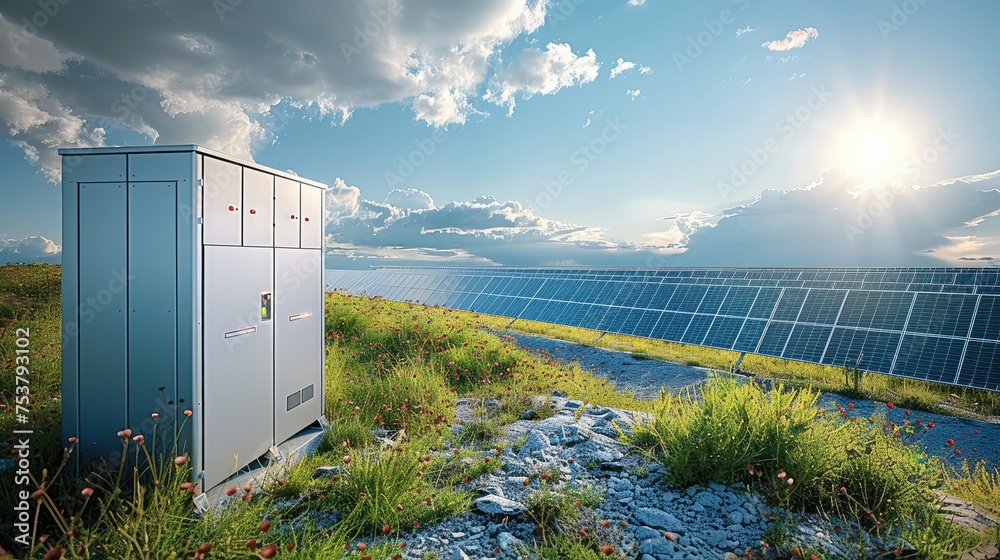 Poster battery storage system next to a photovoltaic power plant. generative ai.