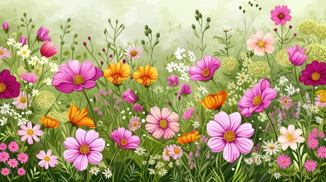 a painting of a field of flowers with a butterfly on the top of the flowers and the bottom of the flowers on the bottom of the flowers.