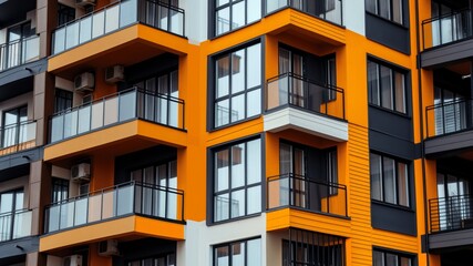 Fototapeta premium Modern apartment building with vibrant orange façade and protruding glass balconies under a blue sky