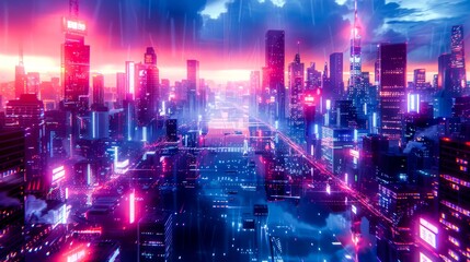 Futuristic city night urban fantasy, in the style of neon color. Generative AI.