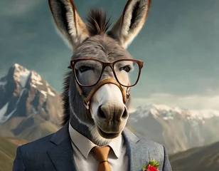 Zelfklevend Fotobehang portrait of a donkey in mountains man in a suit with a donkey Donkey wearing business suit and glasses . portrait of a businessman  donkey © new
