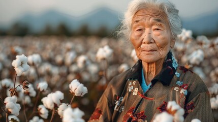 Old beautiful Chinese woman stands in a cotton field. Generative AI.