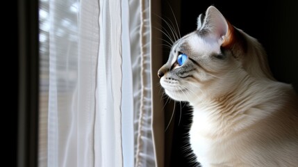 a close up of a cat looking out of a window with a curtain in front of it and a cat with blue eyes looking out of the window.
