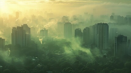 cityscape with green and smoggy overlays, depicting the urban contribution to greenhouse gases.