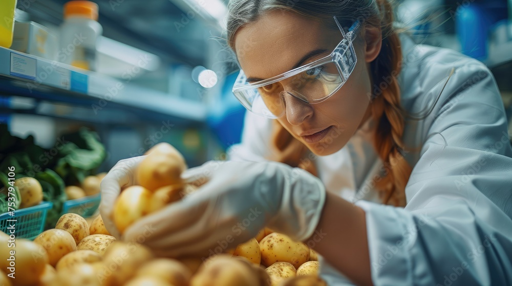 Aufkleber female scientists experimenting with potatoes in scientific laboratory. generative ai.