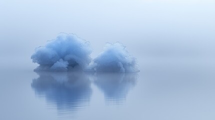 a group of icebergs floating on top of a lake in the middle of a foggy day in the middle of the ocean.