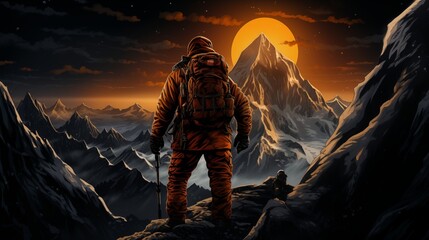 A mountain climber reaches the summit of a challenging peak - obrazy, fototapety, plakaty