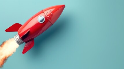 a red rocket ship flying through the air with a smoke trail coming out of the bottom of it, on a blue background.