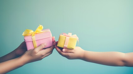 two hands holding a pink gift box with a yellow ribbon and a pink box with a yellow bow on it.