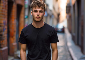 Fototapeta premium male in black t-shirt on city street 
