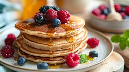 A plate of fluffy pancakes topped with fresh berries and a drizzle of honey