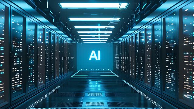 High Tech Server room, filled with activity lights, with the word &lsquo;AI&rsquo; in the distance. Zoom animation