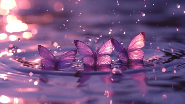 three purple butterflies floating on top of a body of water with drops of water on the bottom of the image.