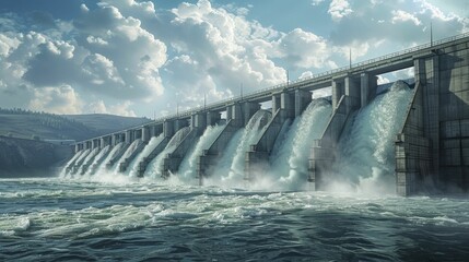 hydroelectric dam with water flowing through turbines, illustrating water's power generation.