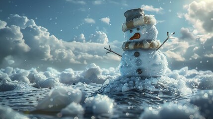 A digital image showing a melting snowman in an unexpected spot represents unusually warm winter conditions.