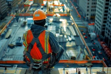 High angle view of a construction worker observing a bustling urban building site
