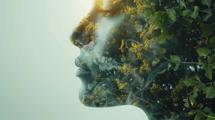 person breathing out CO2, surrounded by plants absorbing it, illustrating the carbon cycle. - obrazy, fototapety, plakaty