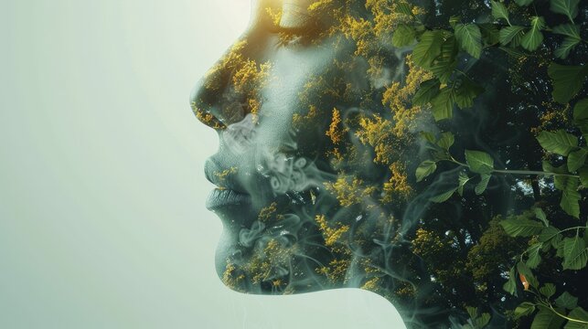 person breathing out CO2, surrounded by plants absorbing it, illustrating the carbon cycle.