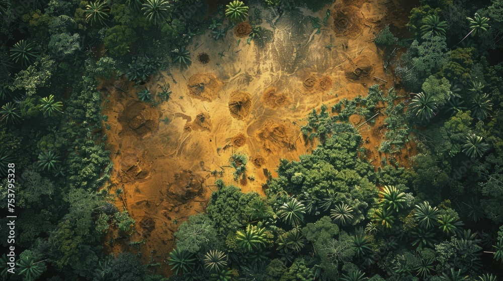 Wall mural satellite view of deforestation in the Amazon, connecting forest loss to increased carbon emissions.