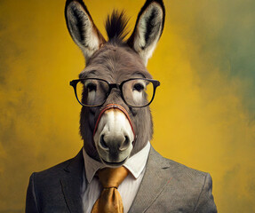 Donkey wearing business suit and glasses . portrait of a businessman  donkey