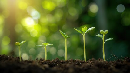 a group of small green plants sprouting out of the ground in the middle of a forest filled with dirt.