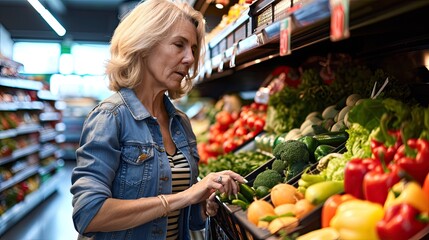 Mature beautiful woman choosing vegetables in supermarket