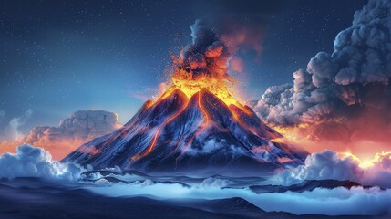 A digital graphic depicts a volcanic eruption, with a side note comparing natural to anthropogenic greenhouse gases.