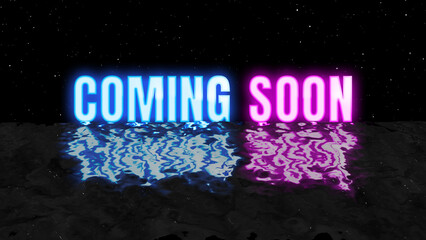 Coming Soon 80s retro neon glow cyberpunk color video text outro isolated on ocean wave and stars burst particle black background. 4k Coming Soon end screen artwork illustration.