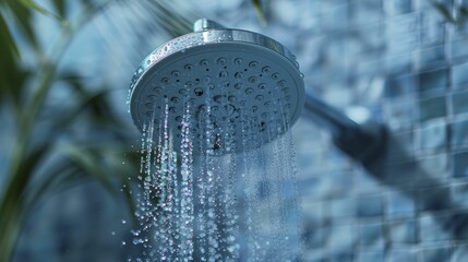 A digital image showing a water-efficient showerhead in action emphasizes water conservation and its climate effects.
