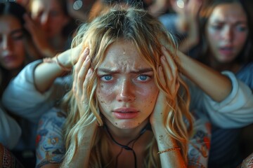 Obraz premium Emotionally overwhelmed young woman with teary eyes in a distressed state among a worried crowd