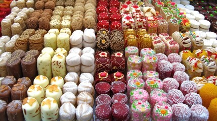 a display case filled with lots of different types of cakes and pastries on top of each other in a store.