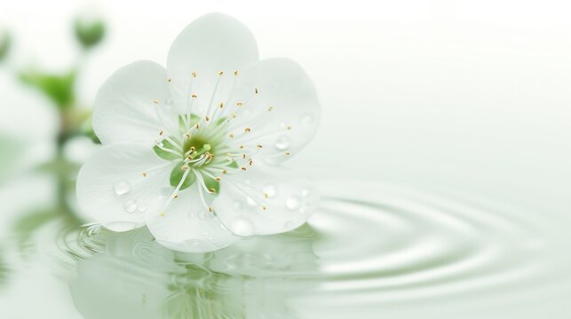 a white flower floating on top of a body of water with a drop of water on the bottom of it.