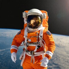 astronaut with orange suit, full body and floating ultra space background black color