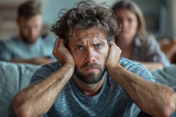 A man in distress holding his head with a couple blurred in the background, showing stress