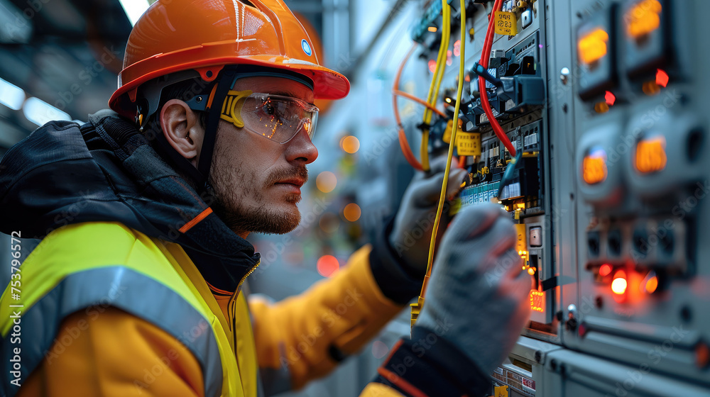 Aufkleber electrician in a safety vest and helmet connecting wires in a electrical meter. generative ai.