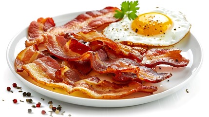 A plate of crispy bacon strips with eggs, on a white background
