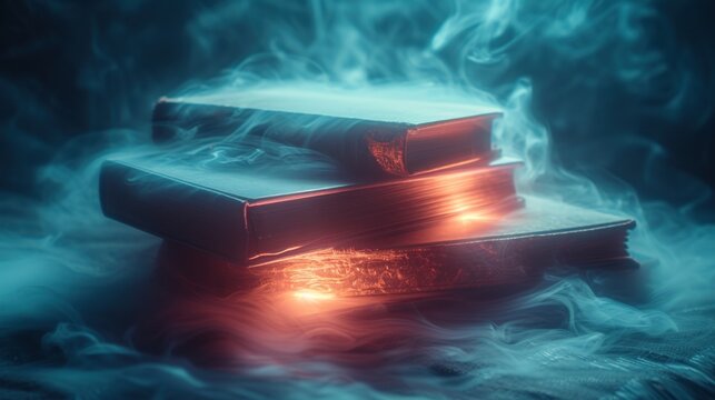 a stack of books sitting on top of a table covered in blue and red smoke with a flash of light on top of it.