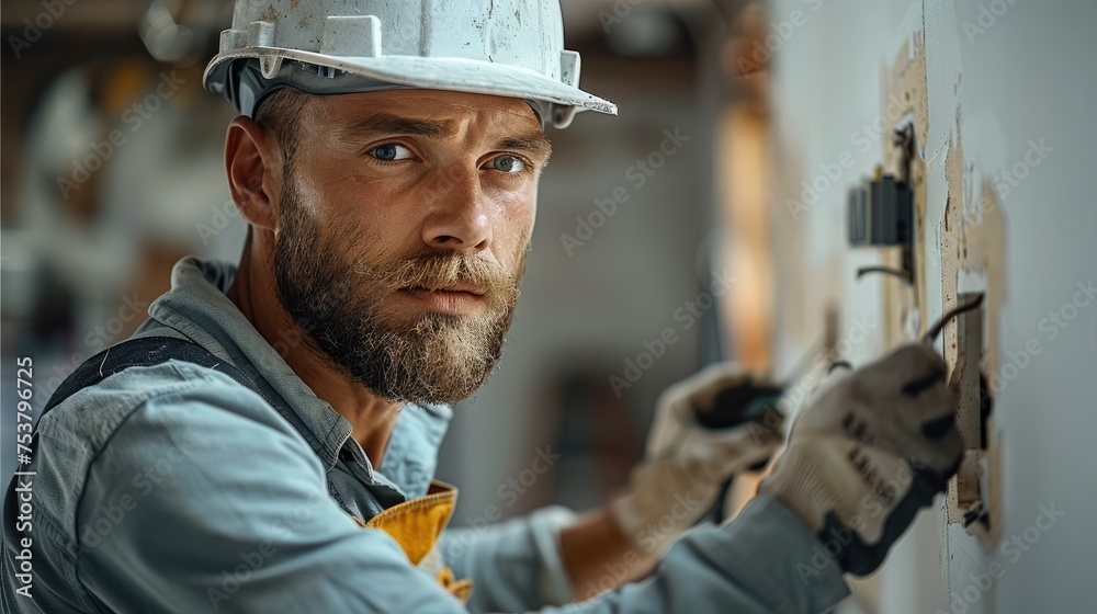 Poster an electrician is installing an electrical outlet in an apartment. generative ai.