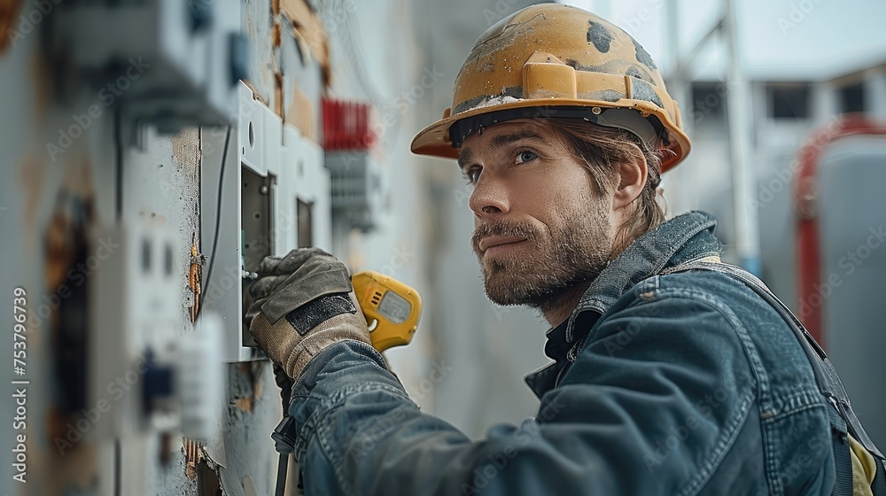 Poster an electrician is installing an electrical outlet in an apartment. generative ai.