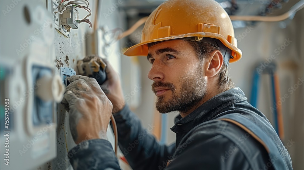 Poster an electrician is installing an electrical outlet in an apartment. generative ai.