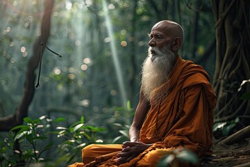 old monk with wise and serene expression, long white beard, saffron robe, sitting cross-legged in green forest