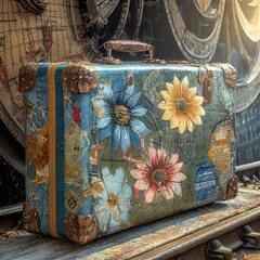 vintage suitcase covered with stickers of various colors and styles