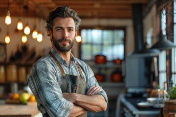 Obraz premium A suave male chef with crossed arms in a modern, well-equipped kitchen