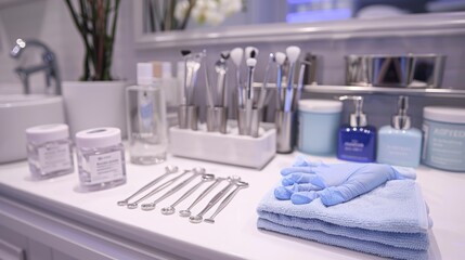 Plastic surgery instruments on surgical table, Surgical gloves and tools ready for a cosmetic procedure, sterile and professional setup