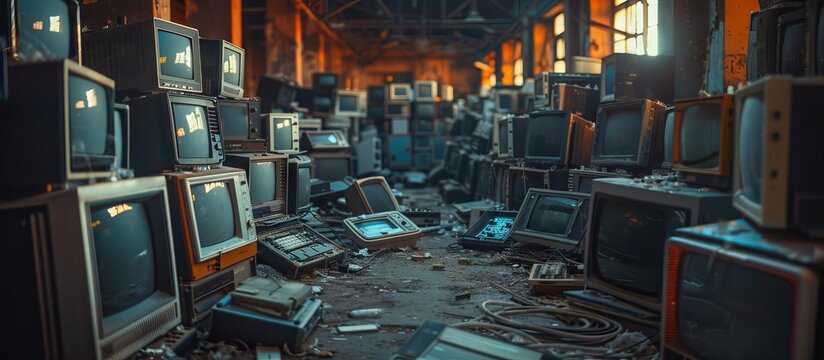 Many outdated computer monitors abandoned as a pile of garbage. Environmental problems that come from electronic waste