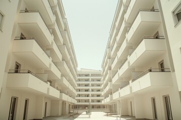 Symmetrical view of a modern apartment building with white balconies and a clear sky above