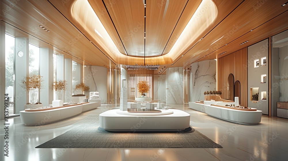 Poster a futuristic architectural office space, blending wooden warmth with modern minimalism. central to t